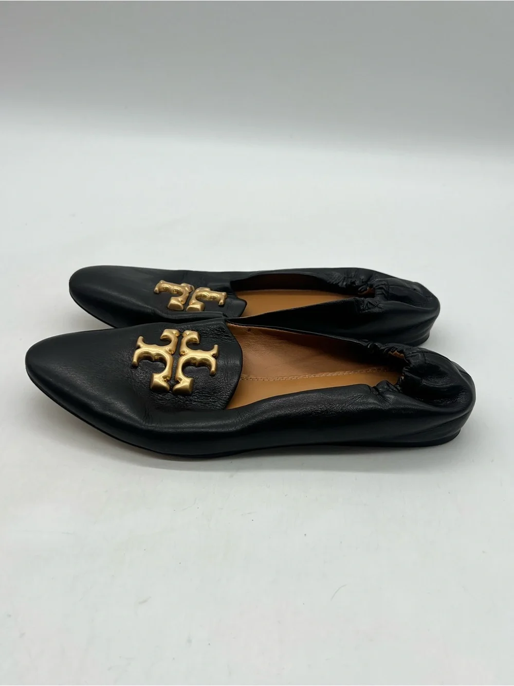 Tory Burch Eleanor Logo Goat Women 8.5M Black Leather Flat Loafers Shoes